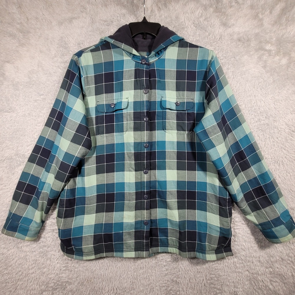 LL Bean Mens Large Fleece Lined Hooded Flannel Shirt Jacket Blue Green Plaid‎